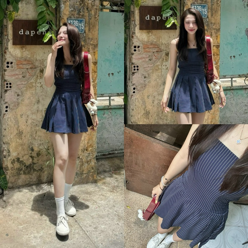 (BREAST Padding INCLUDED) NANA DRESS เกาะอกลายทางจีบสั้น DRESS