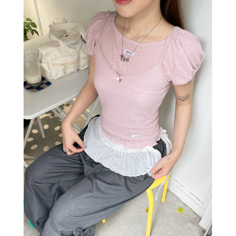ชุดเสื้อเชิ้ต 2 ชิ้นพร้อมแขนพองสั้นสําหรับผู้หญิง (ฟรีคลิปโบว์สีขาว) | Set Mina - ONAONE