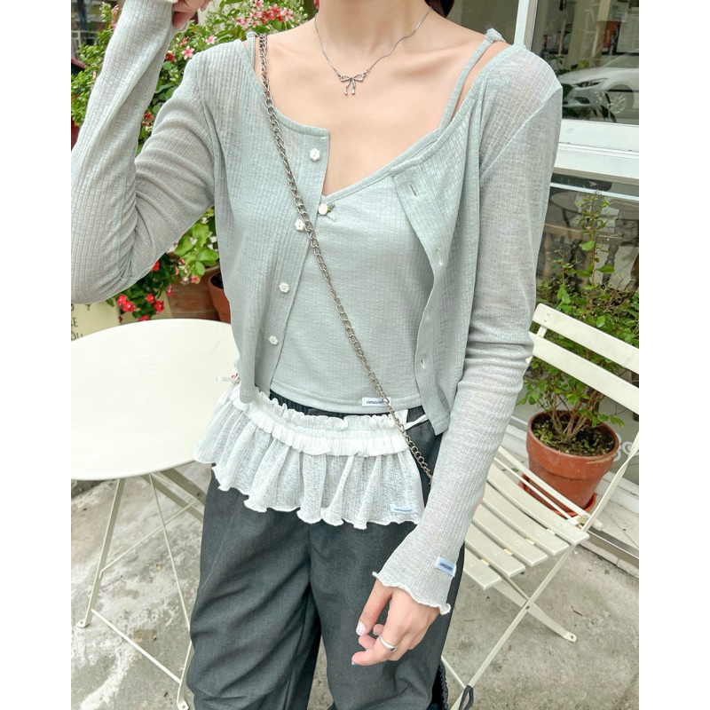 ONAONE - ลิลี่ | เสื้อเชิ้ตสองชิ้นแขนยาวดอกเบญจมาศดอกไม้หลังโบว์ ทีพี045