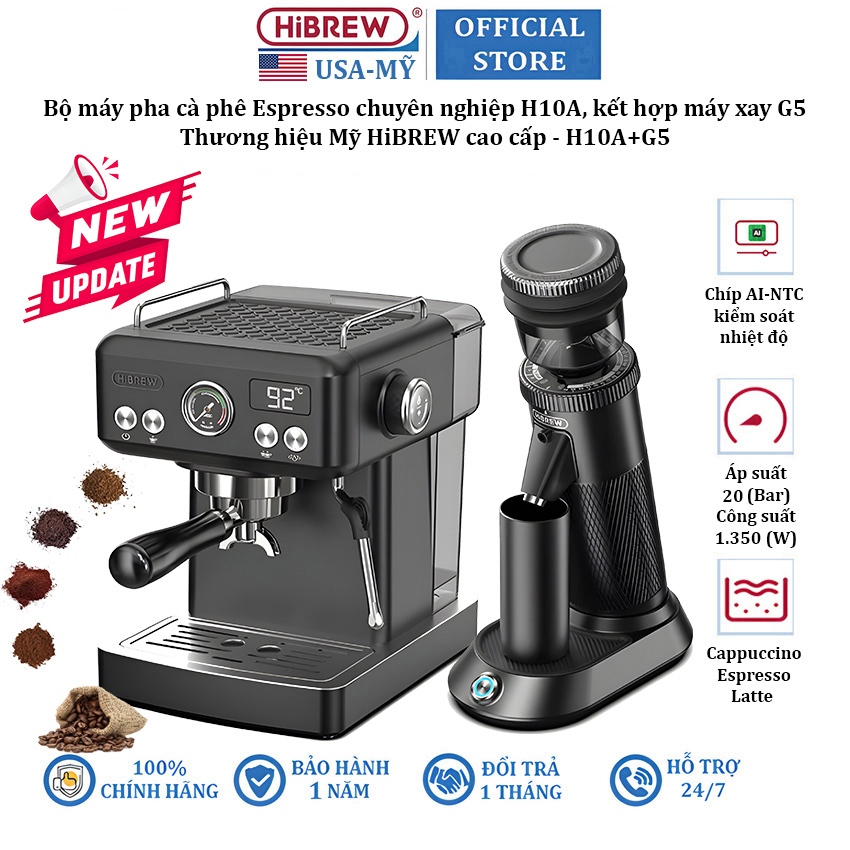 H10A เครื่องชงกาแฟ Espresso และเครื่องบดกาแฟยี่ห้อ HiBREW ระดับพรีเมียม - 12 เดือน