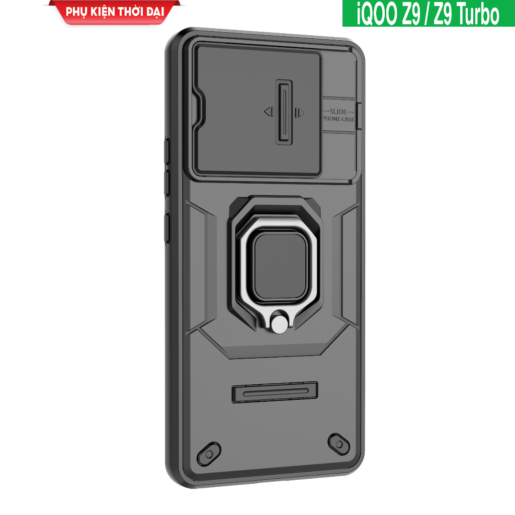IQOO Z9 / Z9 Turbo / Z10 Turbo Pro / Z9 Turbo+ เคสกล้องกันกระแทกพร้อมฝาครอบเลื่อนระดับพรีเมียมและขาต