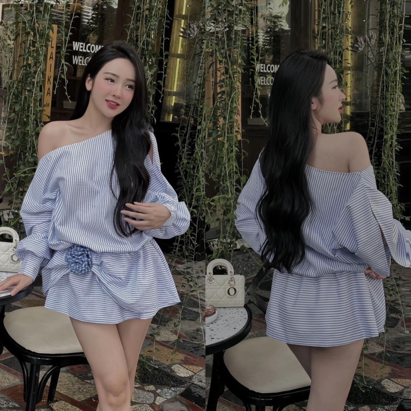 [ฟรีกางเกง] เดรสลายสก๊อตเลดี้สีฟ้า ดีไซน์เบี่ยงไหล่สุดหรู แนนซี่ ชุด อากูจา