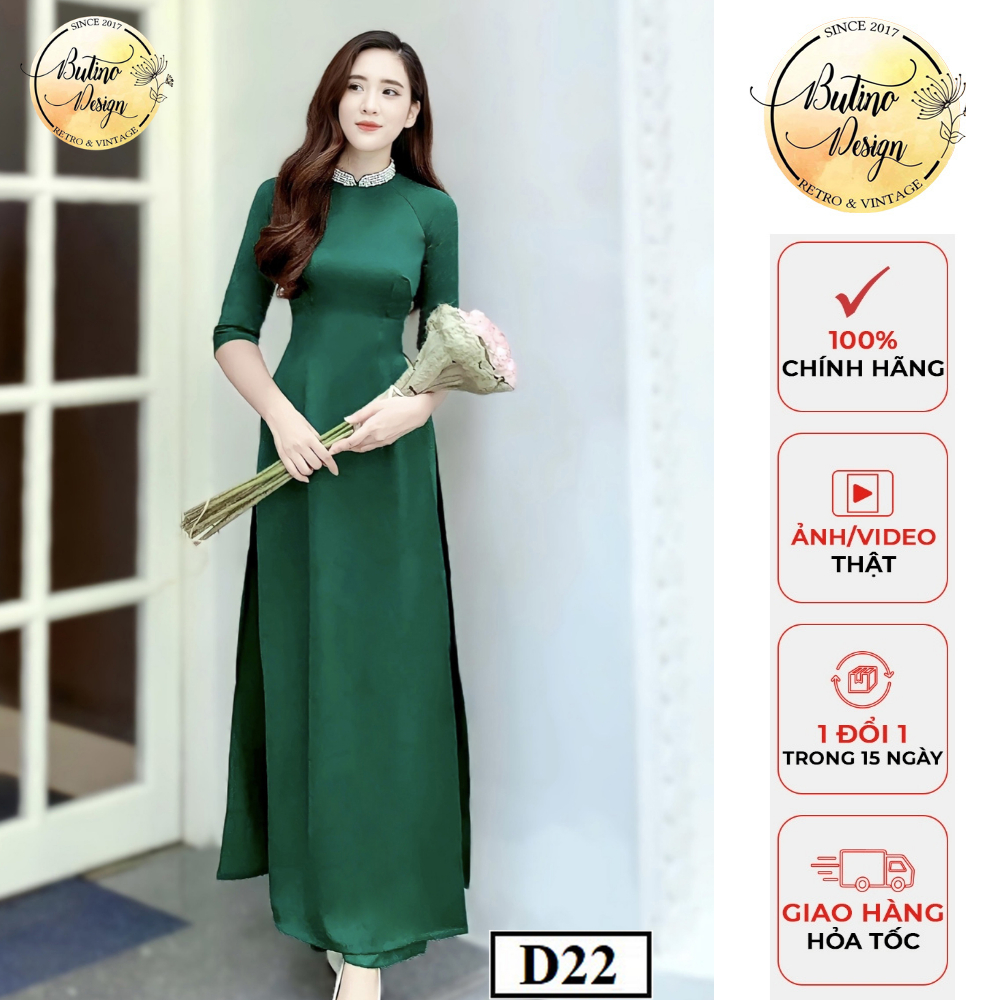 D22 moss สีเขียวปักมือ ao dai, high-end หรูหราแบบดั้งเดิม ao dai BUTINO SHOP