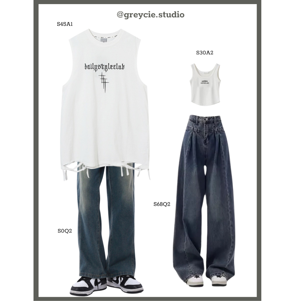 GREYCIE เสื้อกล้ามคู่ เสื้อกล้าม กางเกงยีนส์ขากว้างสีฟ้าธรรมดา S68 S45A1 S0Q2 S30A2 S68Q2