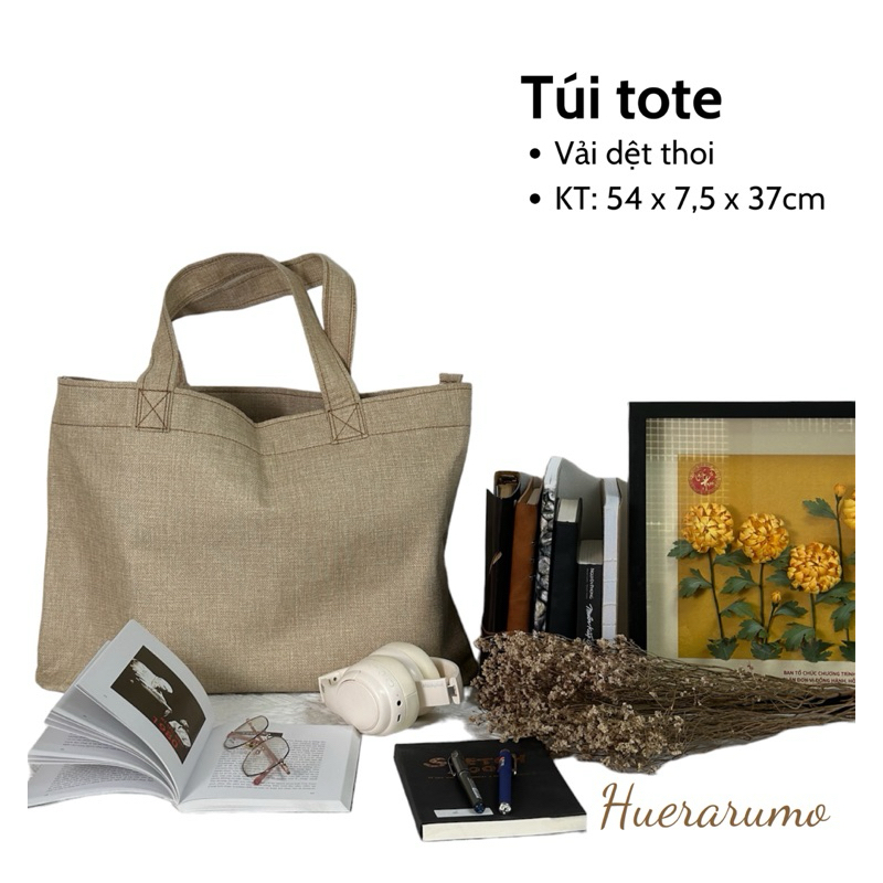 HUERARUMO กระเป๋าโท้ตผ้าทอ 2 ชั้น มีซิป - DET01 . ขนาด ยาว 54ซม. x กว้าง 7.5ซม. x สูง 37ซม