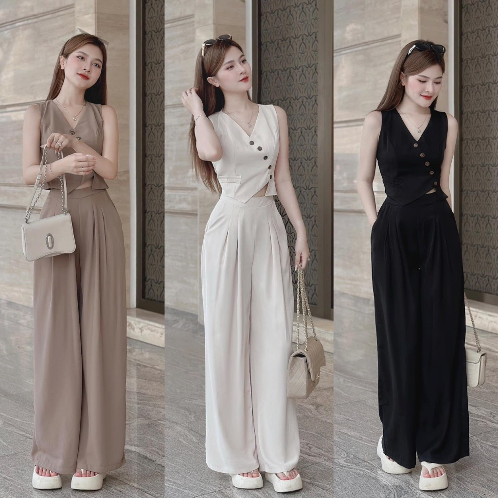 Set Of Khaki Wide-Legging Pants With Fake gile Shirt With Beautiful Buttons