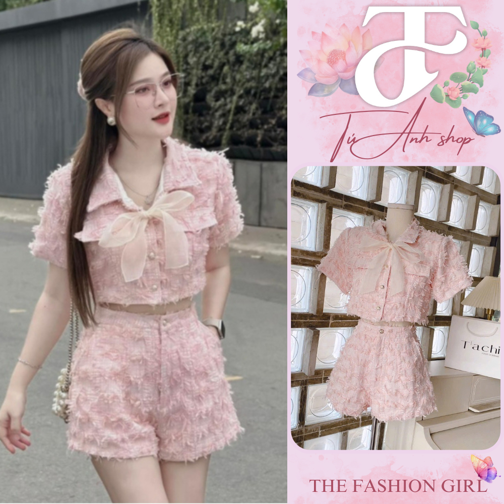 ชุดเสื้อครอปราตรีสีชมพูมีโบว์ คุณหนูสวยมาก เดินไปรอบๆ เมือง ทวีดสั้นขนนก สําหรับผู้หญิง
