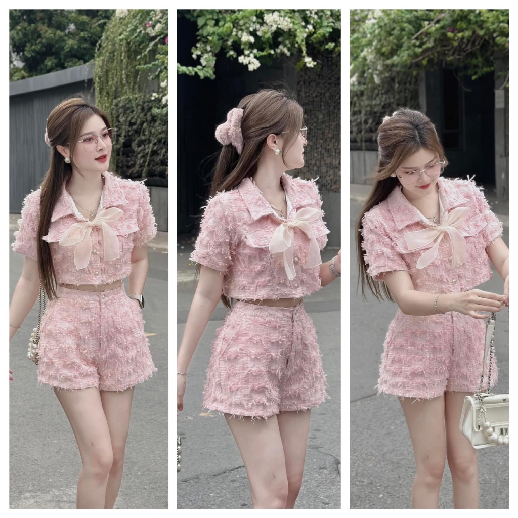 ชุดเสื้อครอปราตรีสีชมพูมีโบว์ คุณหนูสวยมาก เดินไปรอบๆ เมือง ทวีดสั้นขนนก สําหรับผู้หญิง