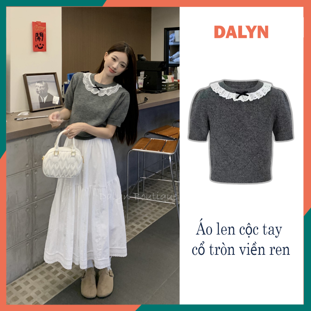 Qc เสื้อสเวตเตอร์ผู้หญิงแขนสั้นคอกลมลูกไม้ Seam Mezzanine Hot Trend - Dalyn