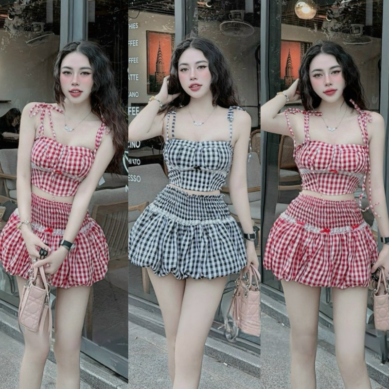ชุดเสื้อสองชิ้นลายตารางหมากรุกพร้อมโบว์และลูกไม้ตัดด้วยโคลน + กระโปรงเอวพองพร้อมซับใน