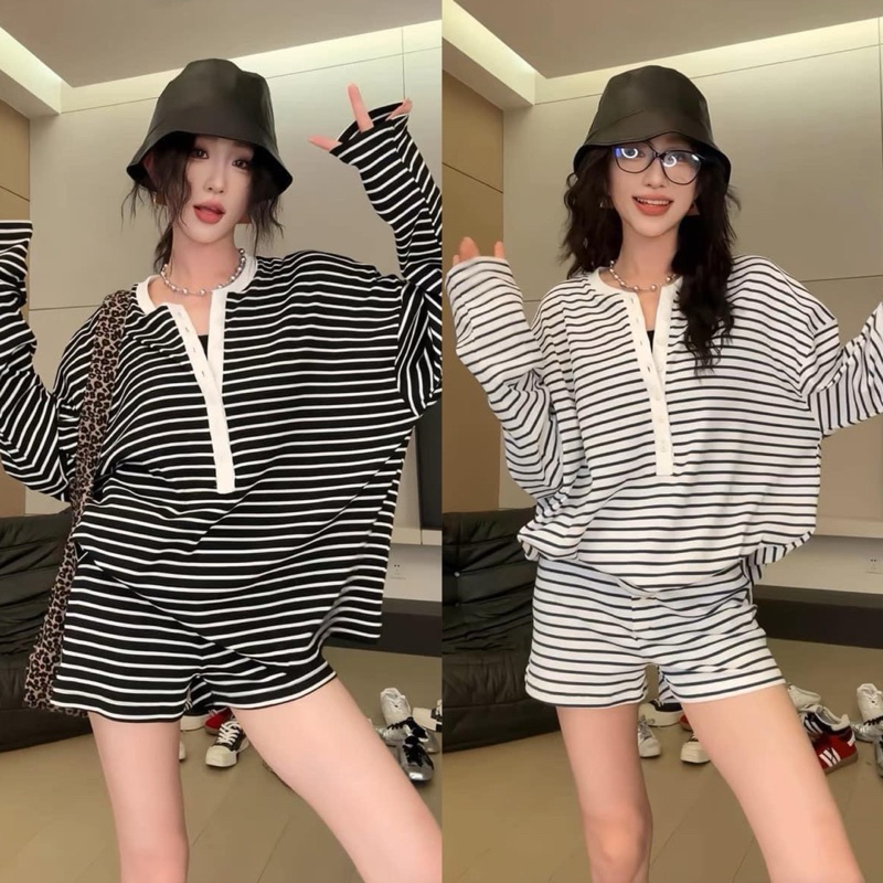 Set เสื้อเชิ้ตแขนยาวทรงหลวมพร้อมกางเกงขาสั้นลายทางยางยืด PHO CUC ulzzang