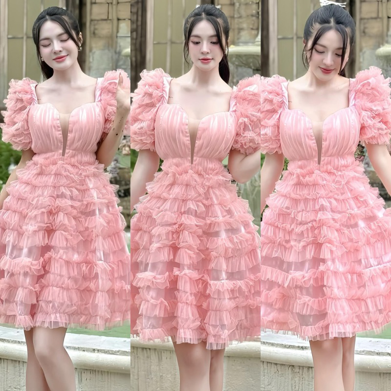 [Freesize] ชุดเดรสปาร์ตี้เจ้าหญิงหลายชั้นหรูหราแขนพัฟ - Nha Ly Has Maxi