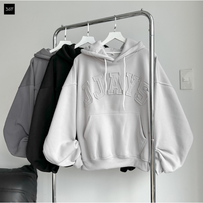 Hoodie BOXY - เสื้อแจ็คเก็ตมีฮู้ดปักลายผ้า JJAYS ทรงกว้าง หมวกใหญ่ unisex สําหรับผู้ชายและผู้หญิง สี GREY WHITE/LEAD GREY/BLACK