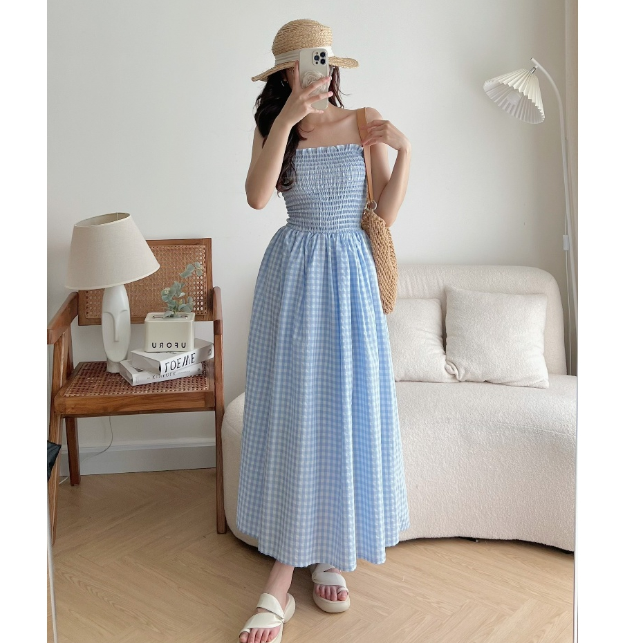 Bare_strapless Checkered Dress แม็กซี่เดรสลายหมากรุกยาวเกาะอกสําหรับเที่ยวทะเล-D041