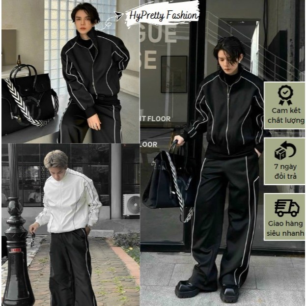 Lightning Hiking Parachute Jacket With jogger line Pants สีขาว unisex แบบกว้าง HYPRETTY02