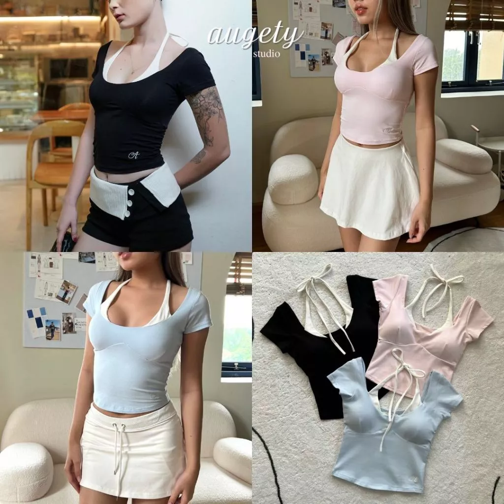 เสื้อยืดถักโครเชต์แขนสั้นแบบผูกเชือก Augety Studio เสื้อ IVY