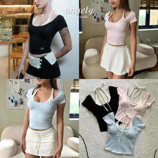 เสื้อยืดถักโครเชต์แขนสั้นแบบผูกเชือก Augety Studio เสื้อ IVY