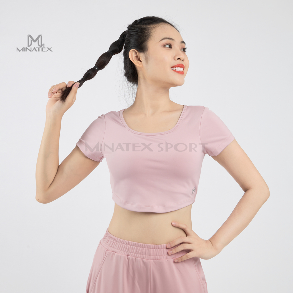 มินาเท็กซ์ ยิม โยคะ วิ่ง เสื้อครอปคอเหลี่ยม - รวมแผ่นรองมือ ยางยืดหนานุ่ม - ค3