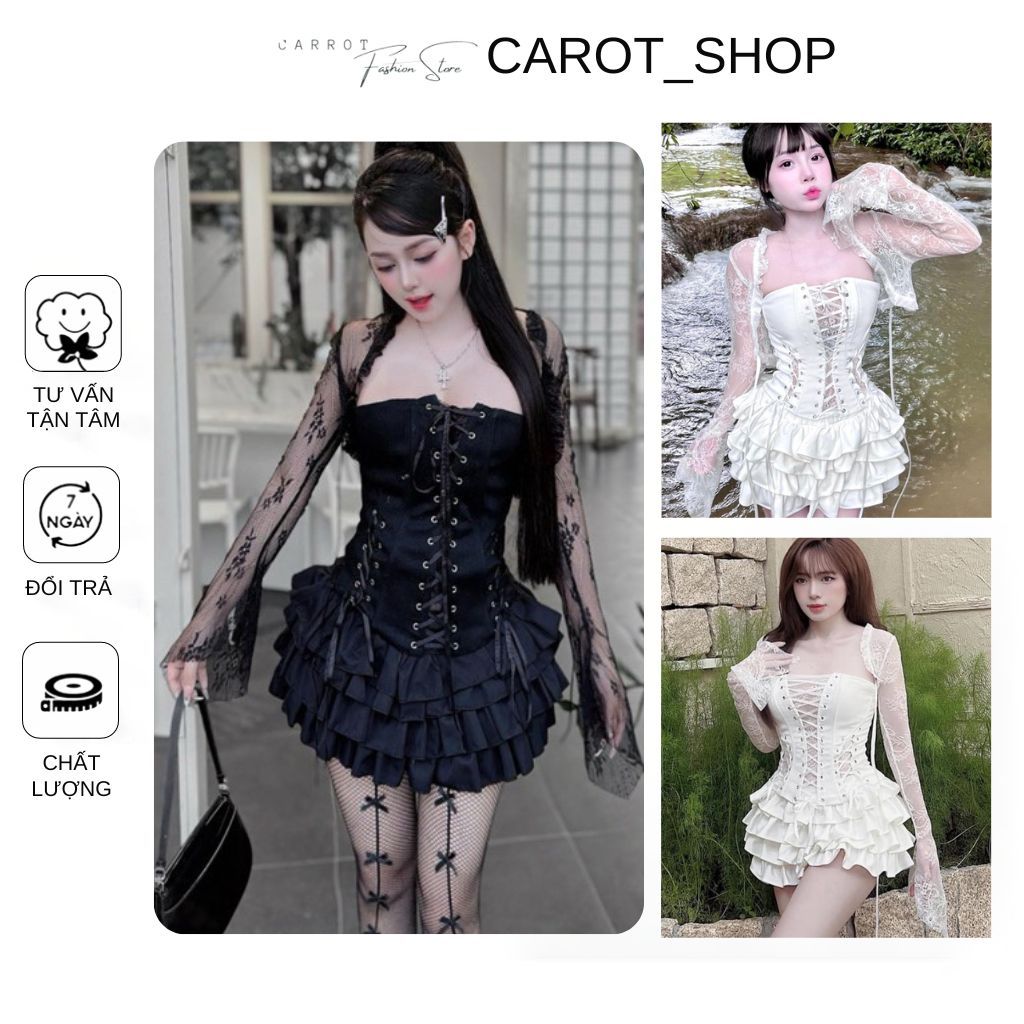 [ มีไซส์ใหญ่ ] 3-PIECE CORSET SET FLOWER LACE JACKET + FLOWER MESH LACE KNITTED TUBE SHIRT + LEVEL SKIRT By CarrotStore