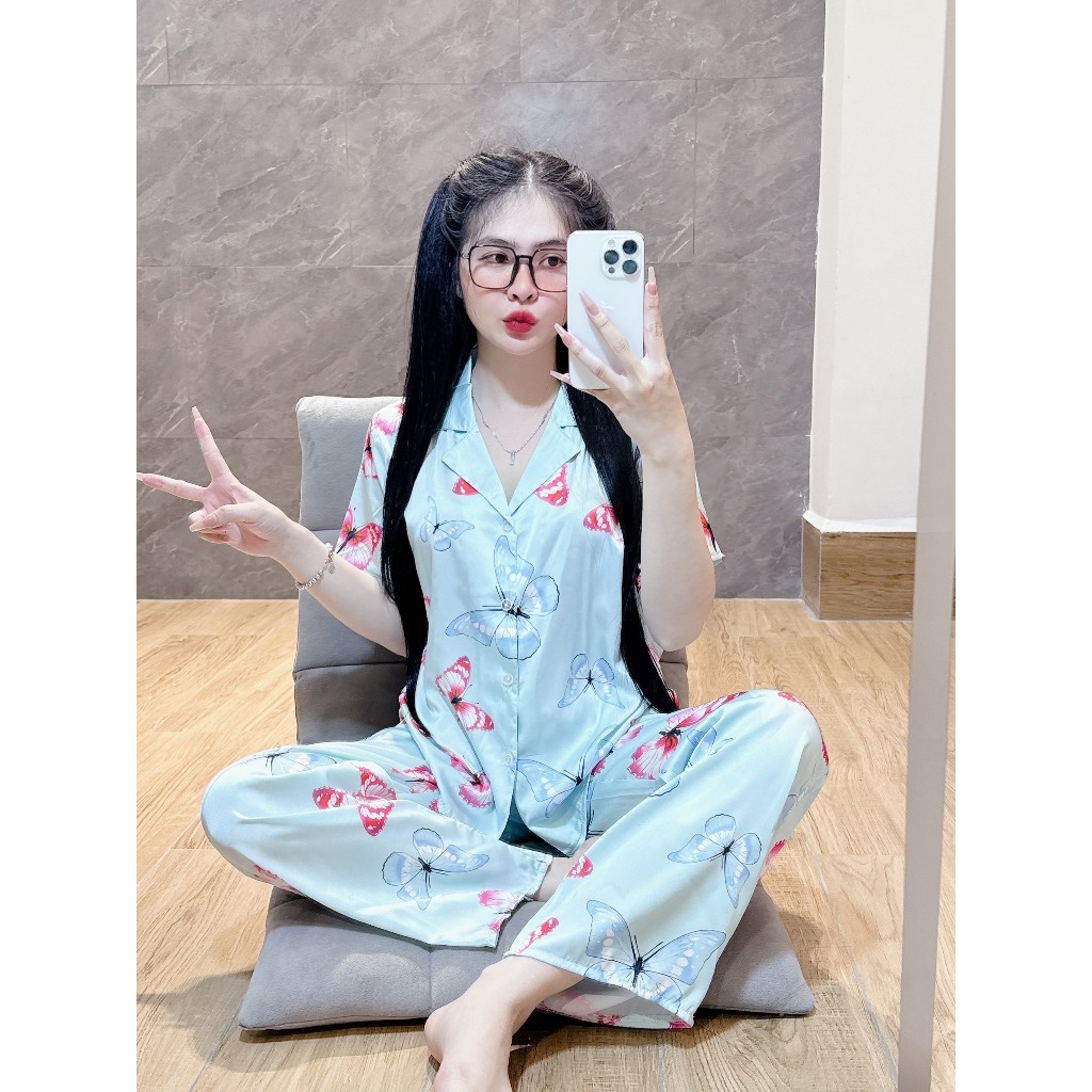 PYJAMA WOMENS LATIN SILK BLUE FLOWER DESIGN LONG PANTS - ชุดอยู่บ้าน