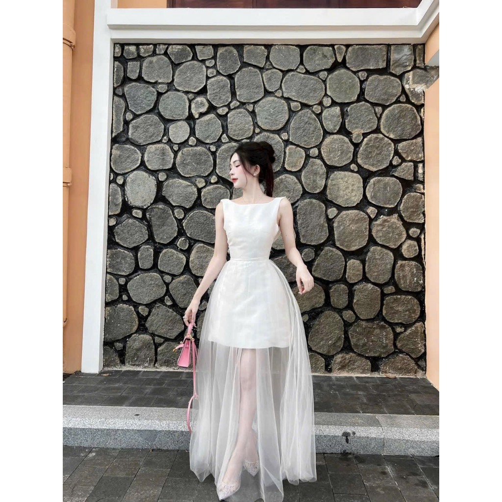 ชุดเดรสผู้หญิงใส่ออกไปข้างนอกใส่เดินทําจากแตะต้าโฟมตาข่าย 2 สาย คอเหลี่ยม กระโปรงบาน สไตล์ผู้หญิงน่ารัก