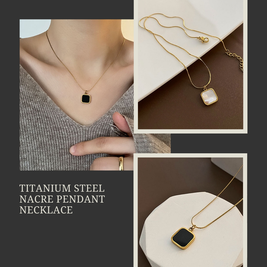 KL.STUDIO สร้อยคอไทเทเนียมสีขาวสแควร์ Mother of Pearl Titanium Chain ด้ายบางสีดํา Face Simple Modern