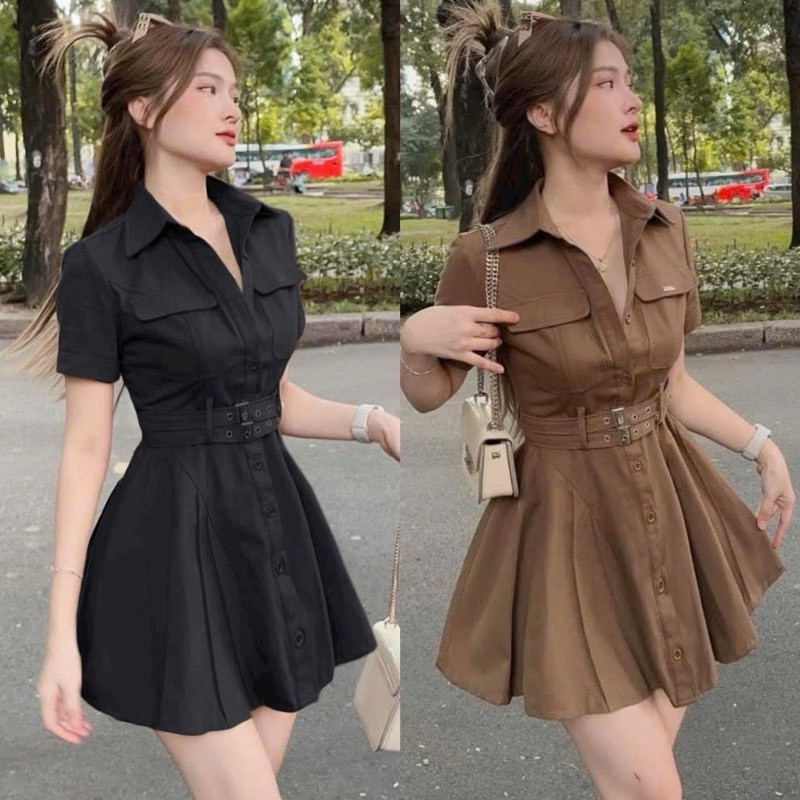 เสื้อ เดรสสีกากีกระดุม กระเป๋ามีสาย 2 สีเหมือนรูป