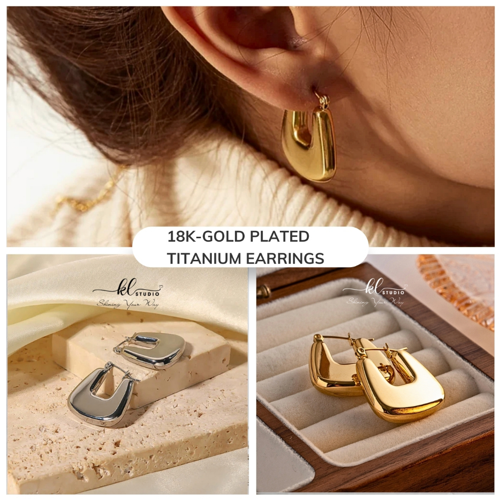 KL.STUDIO ต่างหูไทเทเนียมกระเป๋าชุบทองรูปร่างคุณภาพสูง U-Shaped ไทเทเนียมต่างหูสแตนเลส - E285