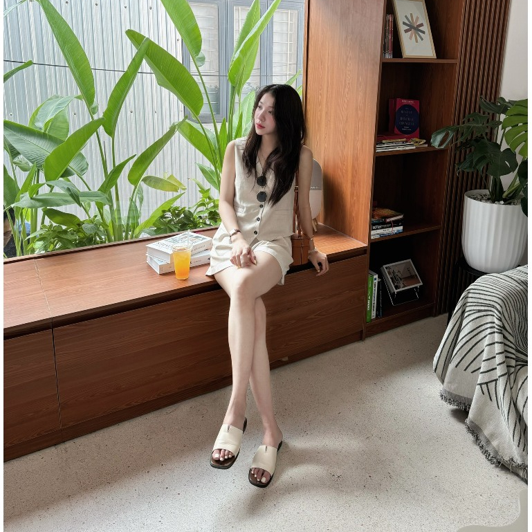 (OLDSCHOOL PHOTO) SALT AND PEPPER LINEN เสื้อกั๊ก Set พร้อมกางเกงขาสั้นพื้นฐาน - รูปที่ 3