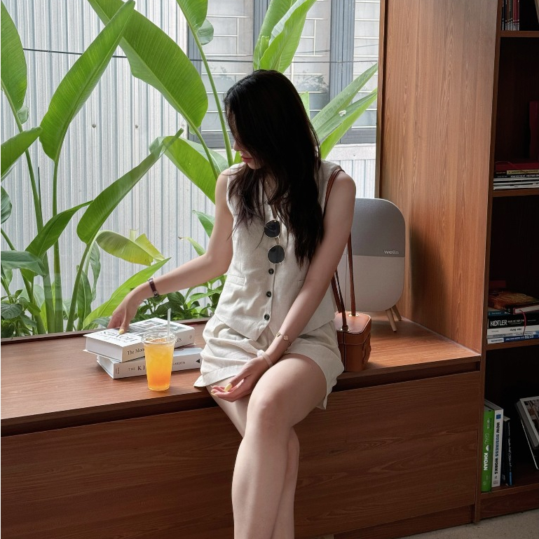 (OLDSCHOOL PHOTO) SALT AND PEPPER LINEN เสื้อกั๊ก Set พร้อมกางเกงขาสั้นพื้นฐาน - รูปที่ 4