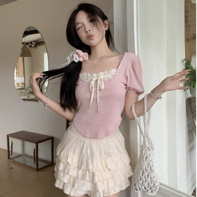Acubi brandy baby เสื้อครอป coquette ของผู้หญิง tee มีโบว์ สีชมพู สีฟ้า สีดํา ยืดหยุ่น ruffler CT088