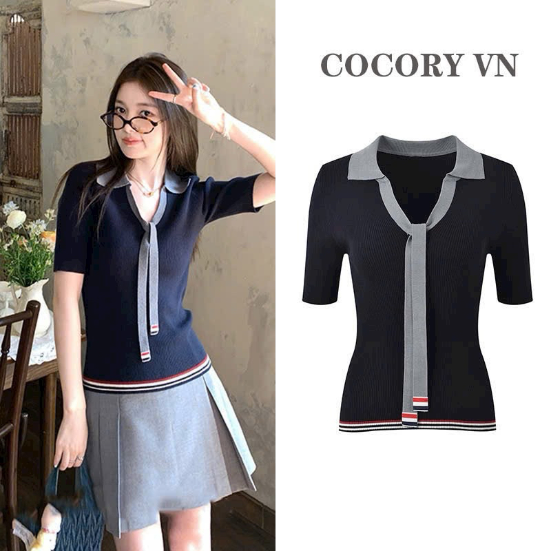 เสื้อถักคอปกผูกโบว์ เสื้อโปโล mongtoghi ยืด AL8513-A5T3 - NhiNhi Shop