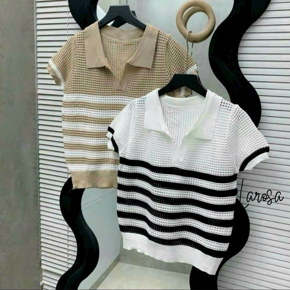 เสื้อโปโลไหมพรม ซงโตจิ ผู้หญิงคอปกแขนสั้นเปิดลงลายทางแนวนอนผ้าถักเย็นระบายอากาศสไตล์เกาหลีออลจัง