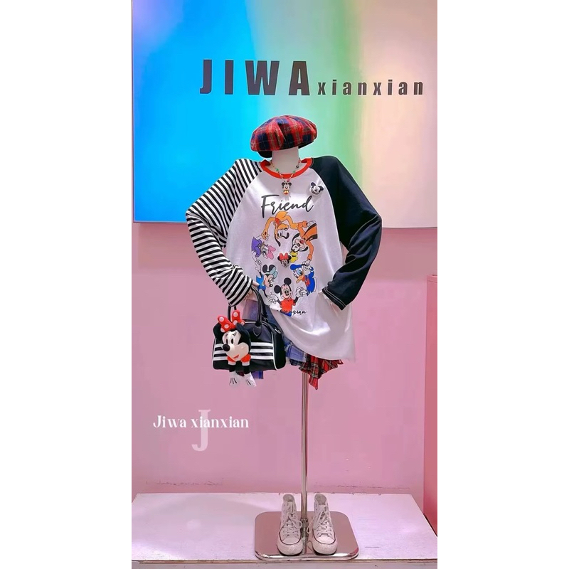 Disney JIWA XIANXIAN เสื้อยืดผู้หญิงแขนยาวหลวม