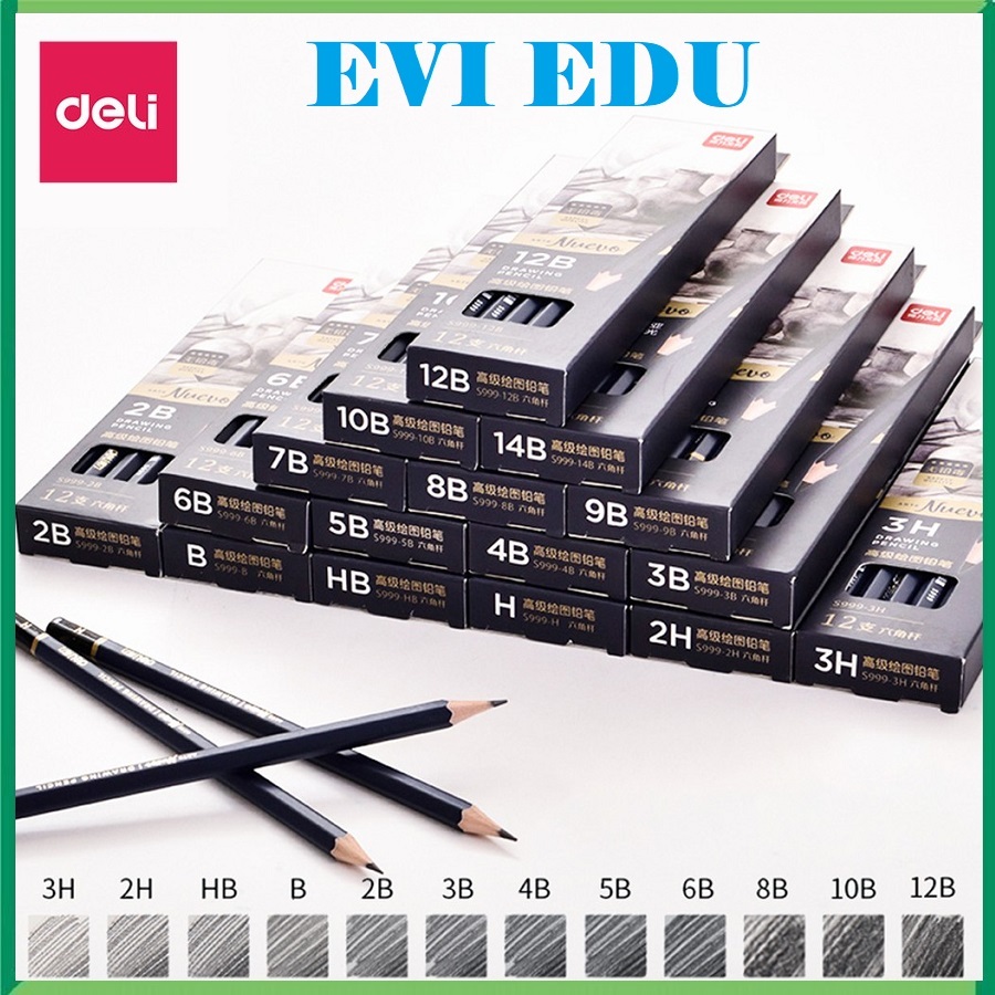 กล่องดินสอสเก็ตช์มืออาชีพ Deli S999 12 ชิ้น ความแข็งจาก HB - 14B