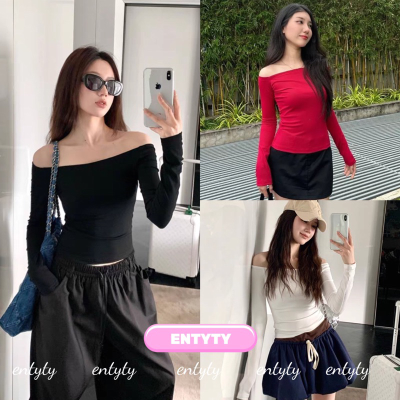เสื้อแขนยาวปาดไหล่เข้ารูป เสื้อเชิ้ตผ้าฝ้ายเทรนด์มาแรงสําหรับฤดูใบไม้ร่วงและฤดูหนาว-อค