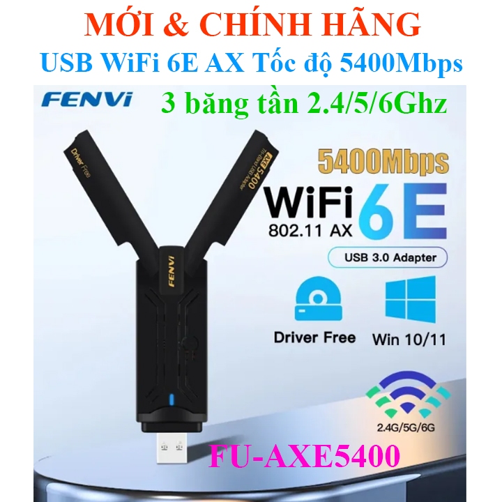 USB 3.0 Wifi 6E ความเร็ว 5400Mbps AX Standard 3 Bands 2.4/5/6GHz 2 เสาอากาศ Fenvi FU-AXE5400\ PIX-LI