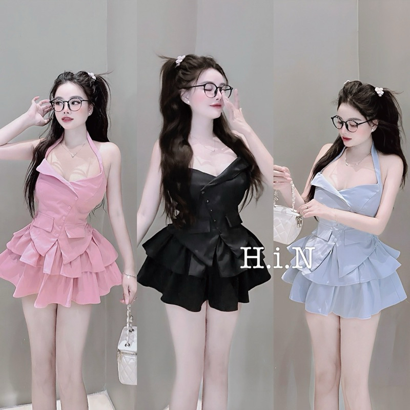 Set Button Collar Camisole Layered Skirt Real Photo Sp