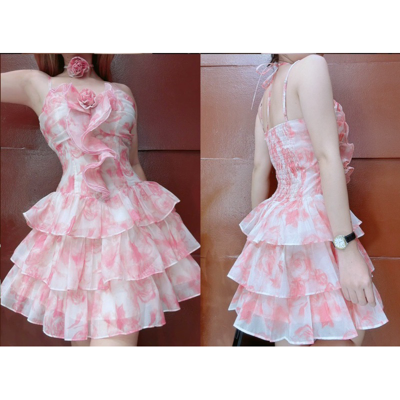 S711-rose Layered 2-Strap เดรสชีฟองคอปกลายดอกไม้