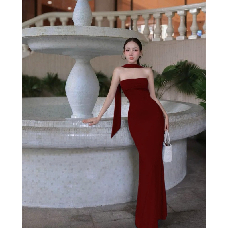 K5657 เดรสท่อแผงหางปลาพร้อมผ้าพันคอ (ลาหรง) - Carotshop