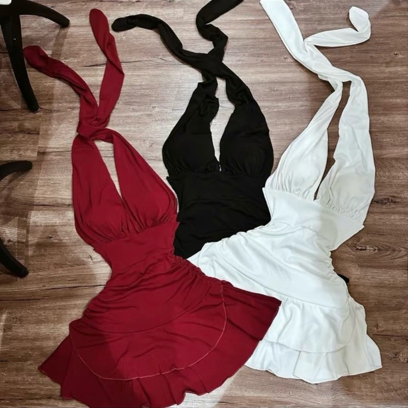 K5635 larong เดรสสายเดี่ยวผูก 2 ชั้น (มีกางเกงผ้าลรงค์) carotshop