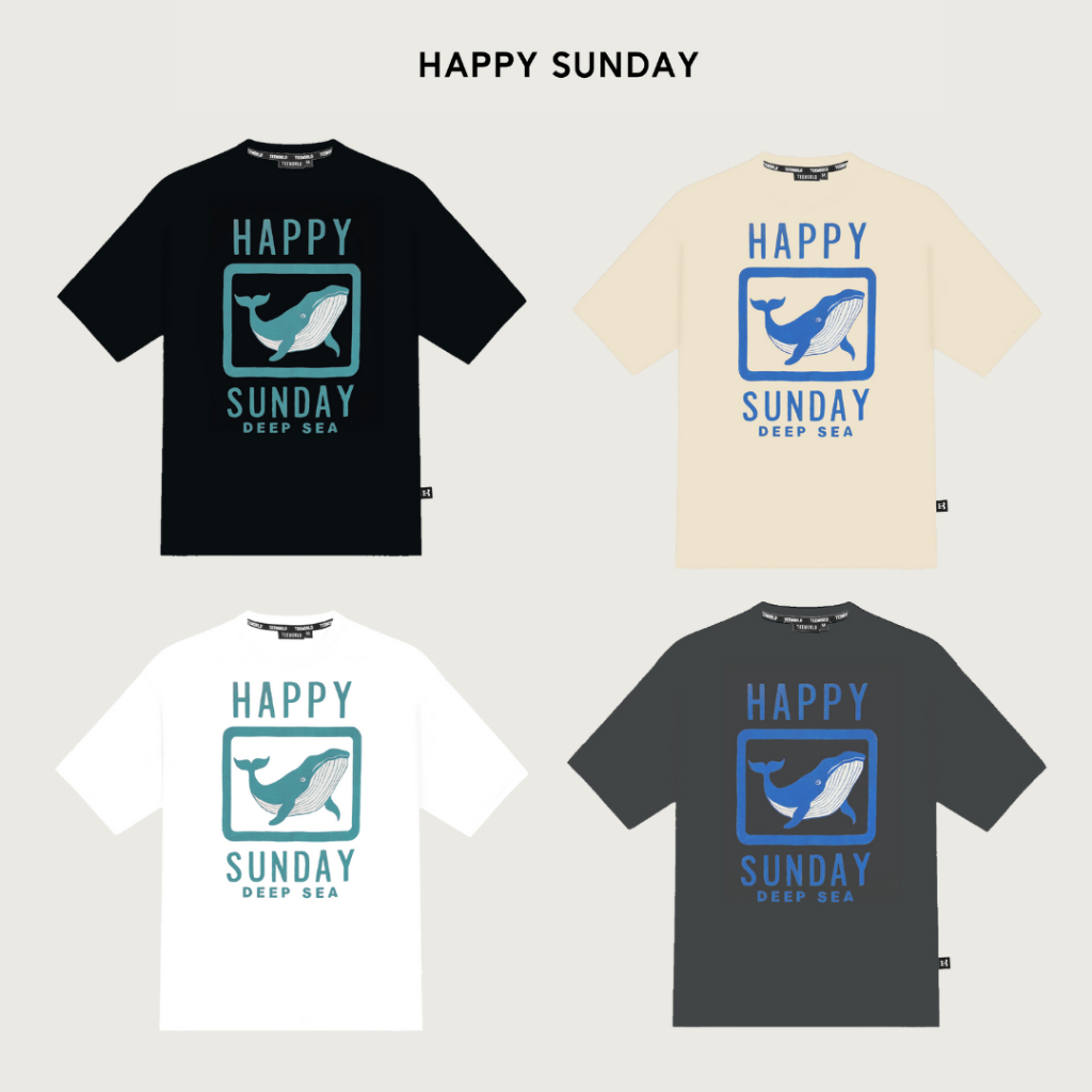 แบรนด์ท้องถิ่น Happy Sunday Whale Deep Sea เสื้อยืดทรงหลวม Unisex