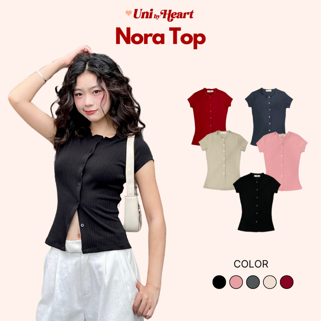 Nora Top ACT02 เสื้อยืดแขนสั้นผู้หญิงคอกลมกระดุมเข้ารูป - Uni By Heart