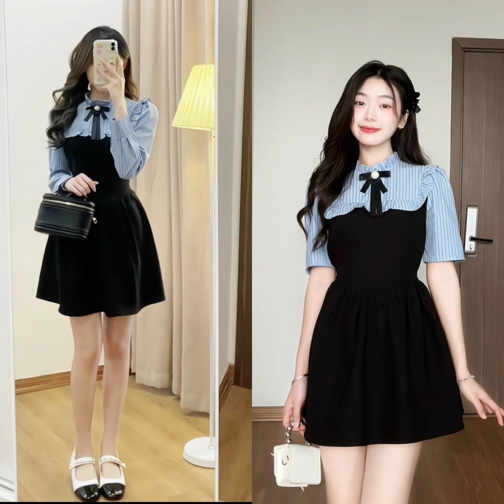 เสื้อเชิ้ตลายสก๊อตสีฟ้า Discreet ดีไซน์ผูกโบว์ + ตัวอักษร (รูปถ่ายจริงบนพื้น) Lollaye