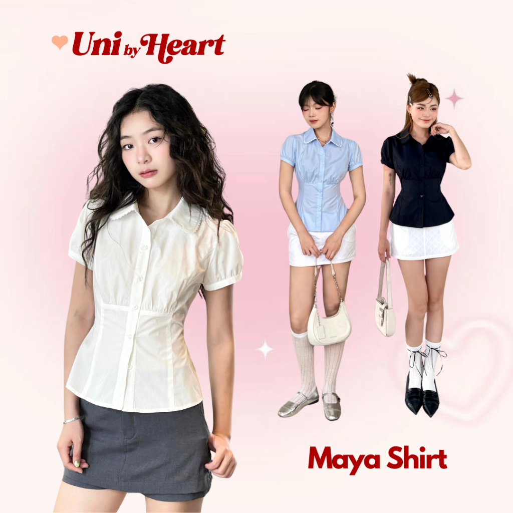 Maya Shirt SMI026 เสื้อเชิ้ตแขนสั้นผู้หญิงปกบัวและขอบลูกไม้ ทรงเข้ารูป มีเชือกผูกที่เอว - Uni By Heart