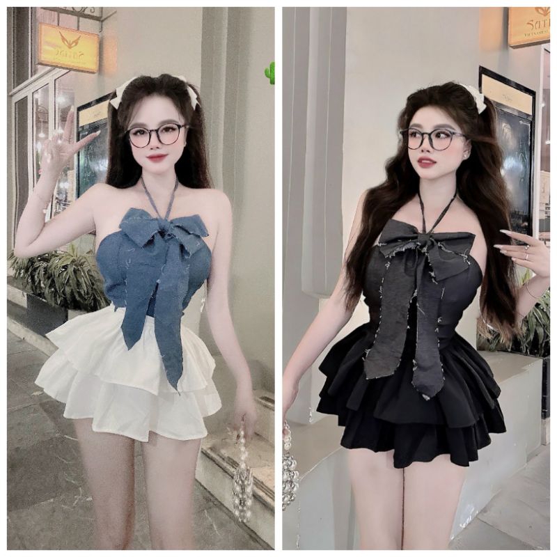 เซทเสื้อผูกโบว์คล้องคอกระโปรงบาน2ชั้นสไตล์หรู 1991x ร้านค้า