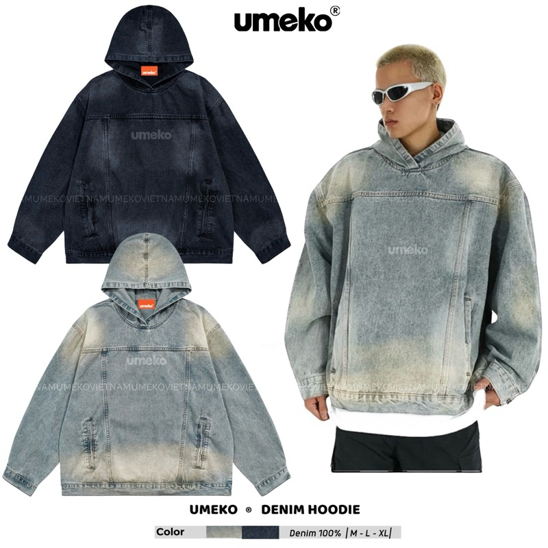 Umeko Unisex Denim HOODIE Loose Wash 2 สี Streetstyle Menswear