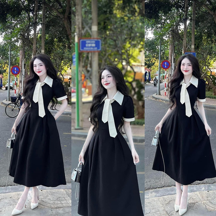 Lady Dress - เดรสสวิงทรงเอผสมผสานกับปกผูกสร้างอ่อนเยาว์ ไดนามิก - HH010