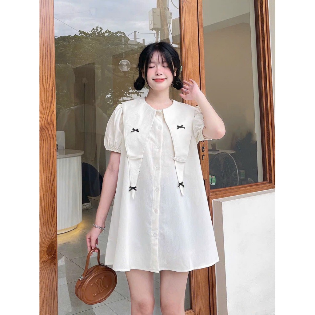 Bare_babydoll เดรสแขนบอล เดรสกะลาสีคอกลมพร้อมพนังแหลมและกระโปรงบานสั้นโบว์เล็ก Pc-D056