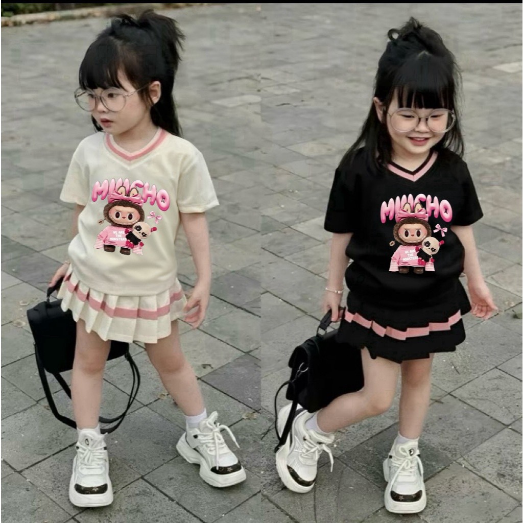 ชุดกระโปรงจีบ LABUBU น่ารัก ชุดเดรสแฟชั่นพร้อมกางเกงซับในสําหรับเด็กทารก 9-44KG.